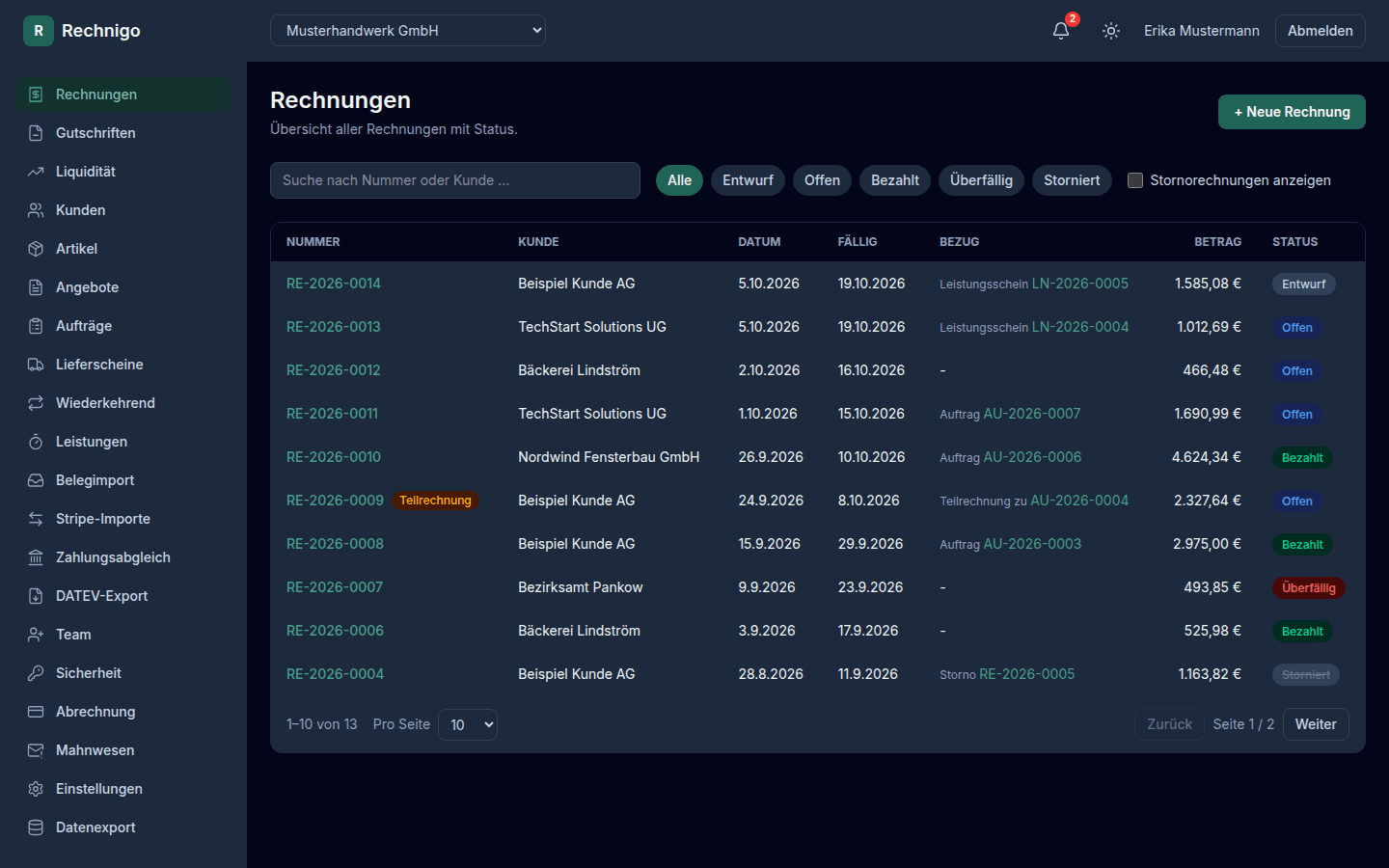 Rechnigo Dashboard – Übersicht aller Rechnungen mit Status