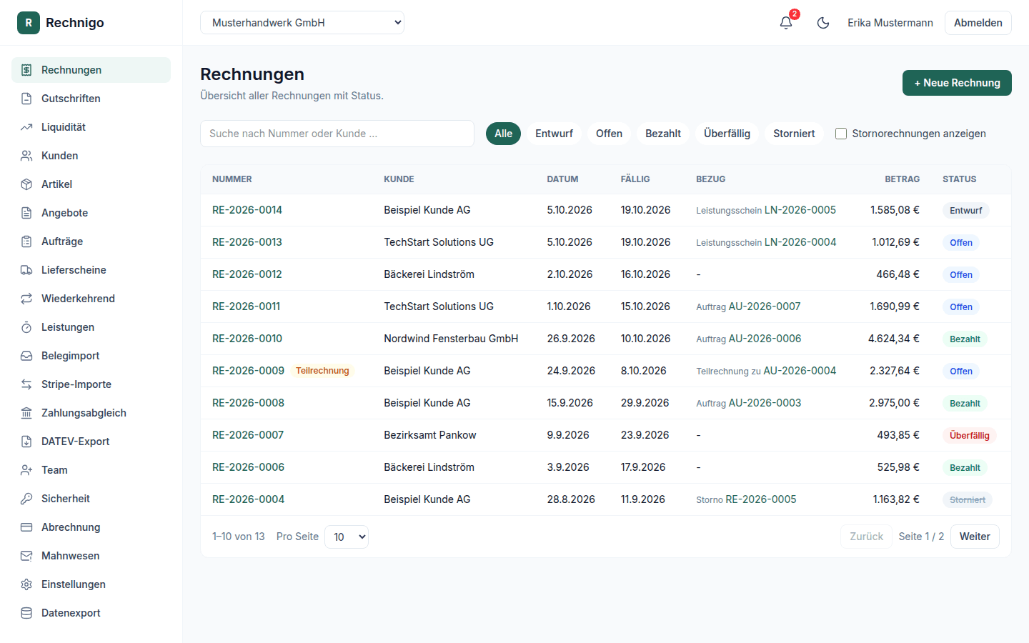 Rechnigo Dashboard – Übersicht aller Rechnungen mit Status