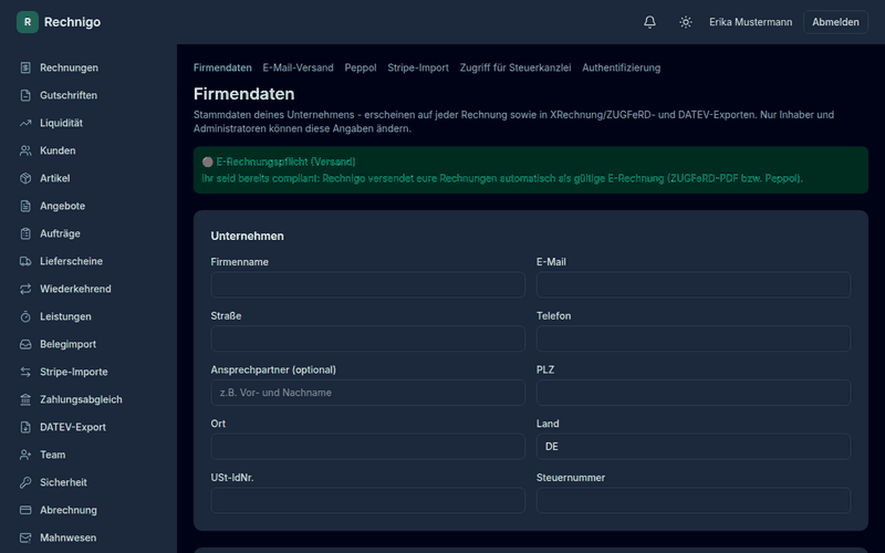 Video-Anleitung: Firmendaten hinterlegen, Kunde anlegen, Artikel per Plus-Button anlegen und erste Rechnung erstellen