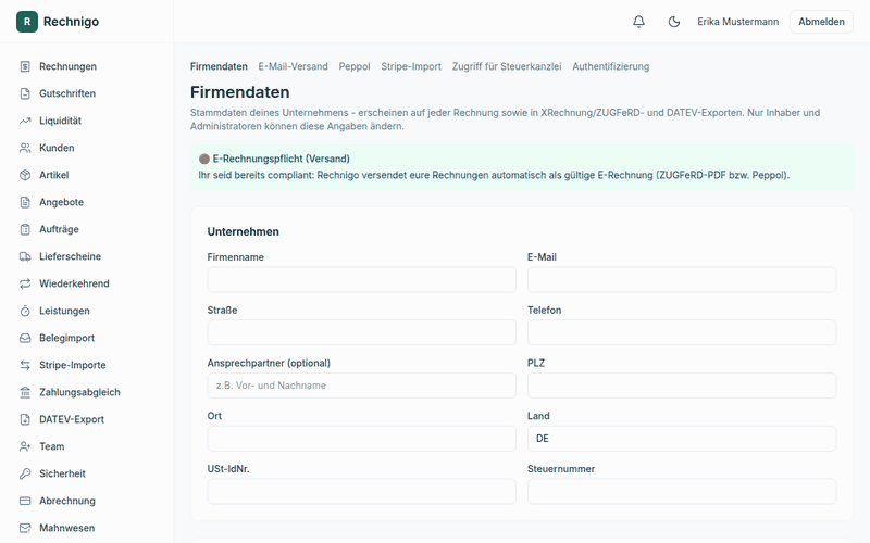 Video-Anleitung: Firmendaten hinterlegen, Kunde anlegen, Artikel per Plus-Button anlegen und erste Rechnung erstellen